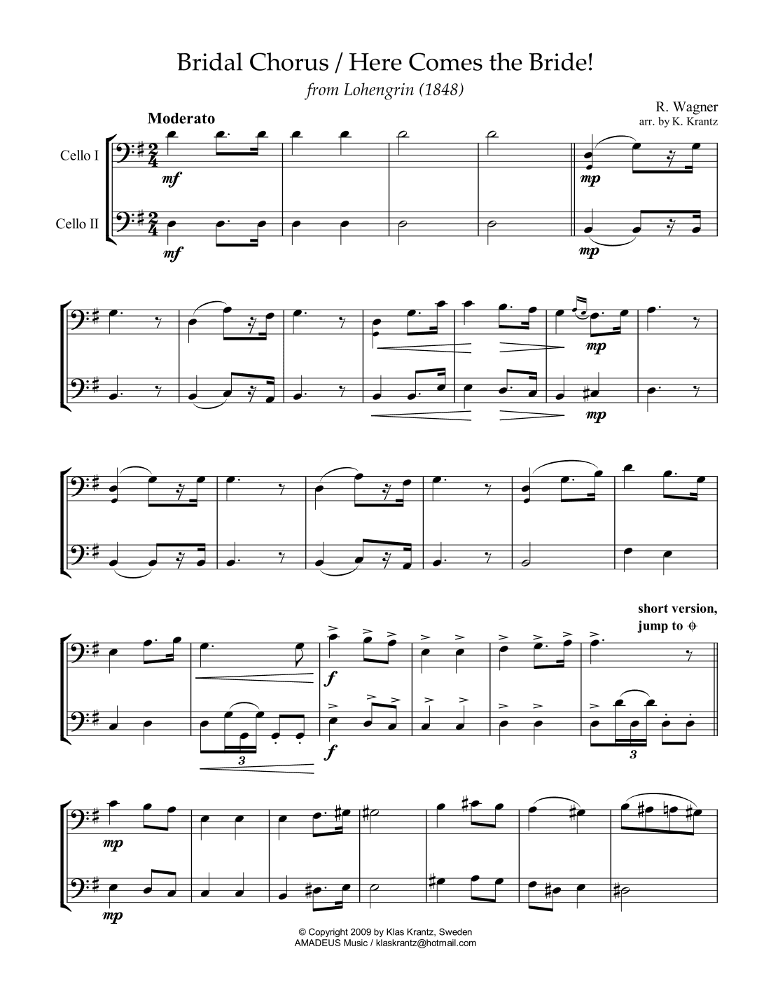 Bridal Chorus / Here Comes the Bride! for cello duo (G Major) (arr. Klas Krantz)