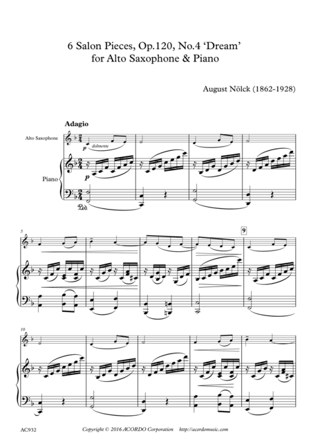 6 Salon Pieces, Op.120, No.4 ‘Dream’ for Alto Saxophone & Piano (arr. Mikio Kamada)