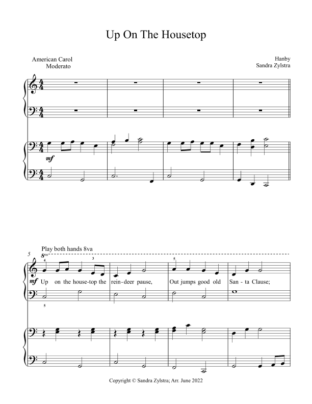 Up On The Housetop (elementary piano with optional duet) (arr. Sandra Zylstra)