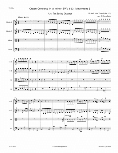 Bach: Concerto in A minor BWV 593-3 after Vivaldi, Mvt 3 arr. for StringQuatetrte (arr. D Oppenheim)