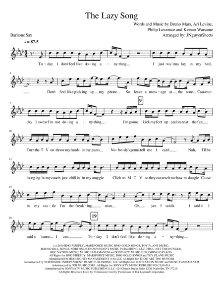 The Lazy Song (arr. JNguyenSheets)