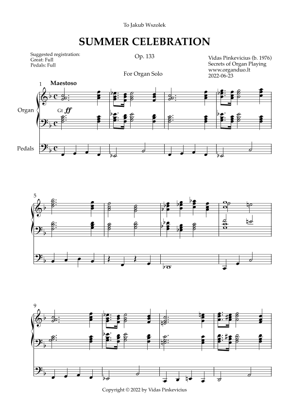 Summer Celebration, Op. 133 (Organ Solo) by Vidas Pinkevicius (2022)