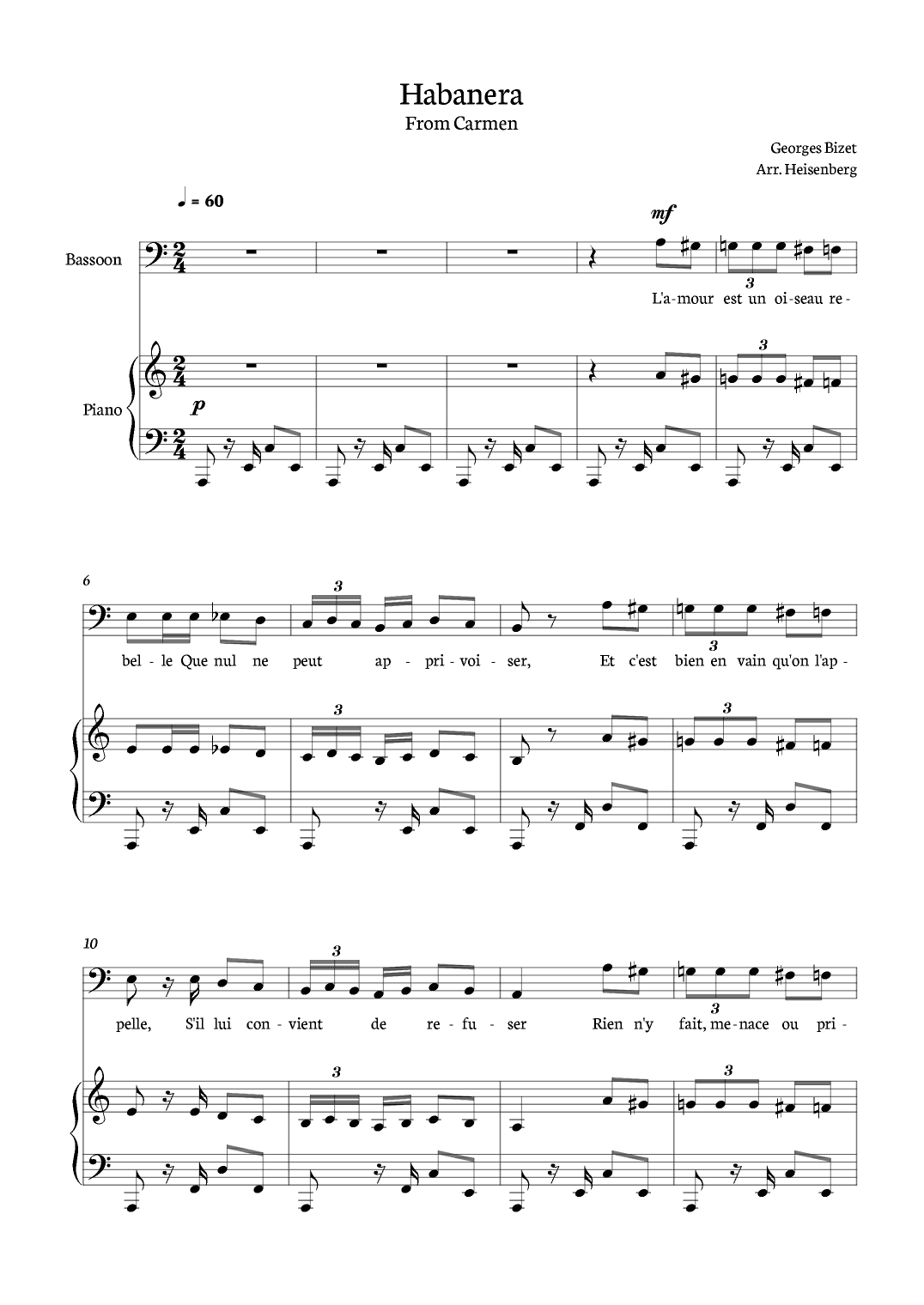 Habanera from Carmen for Bassoon with piano and chords. (arr. Heisenberg)