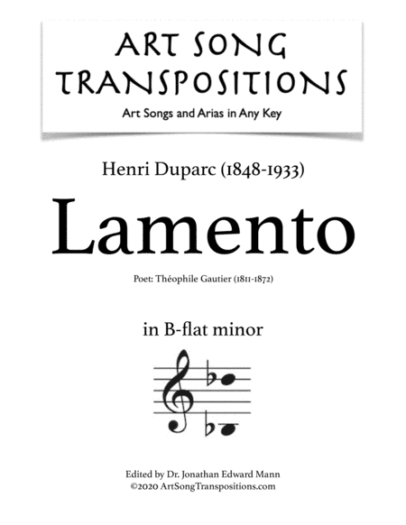 DUPARC: Lamento (transposed to B-flat minor) (arr. ArtSongTranspositions.com)