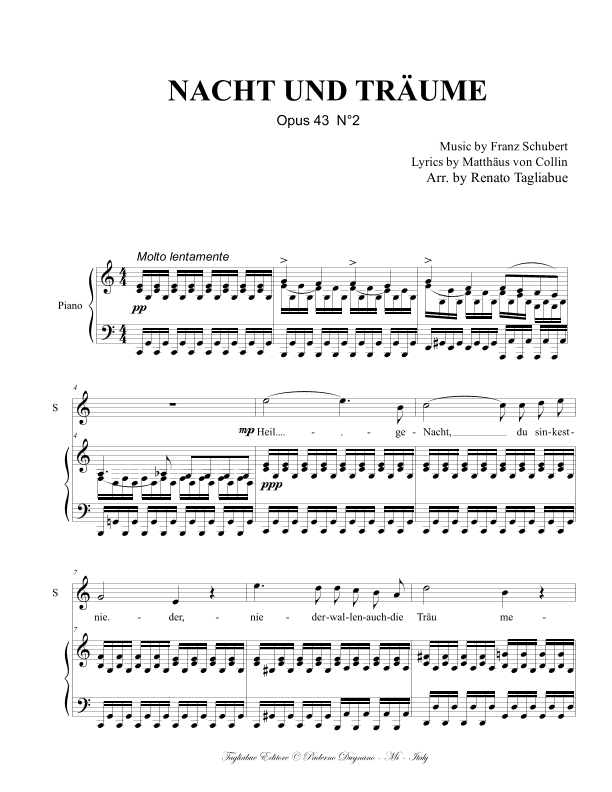 NACHT UND TRÄUME - Opus 43  N°2 - Arr. for Mezzosoprano and Piano (arr. Renato Tagliabue)