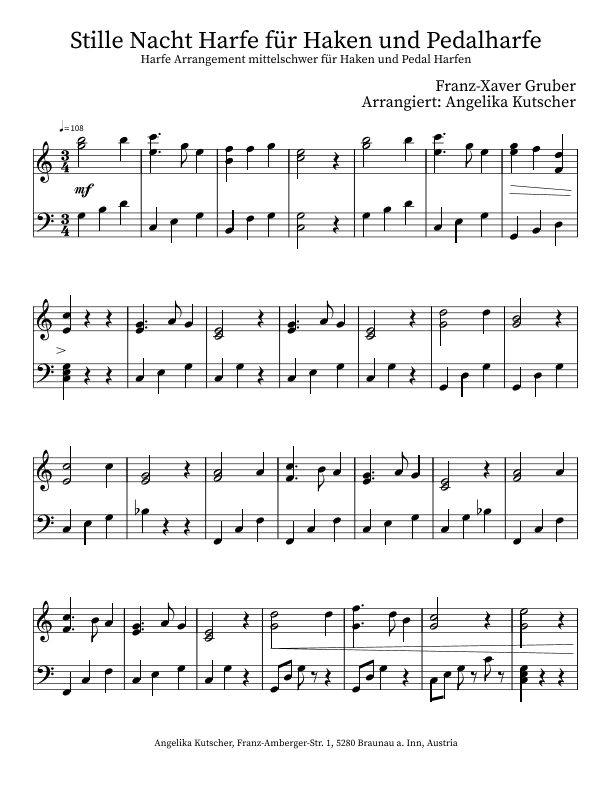 Stille Nacht - Arrangement für Harfe Solo (arr. Angelika Kutscher)