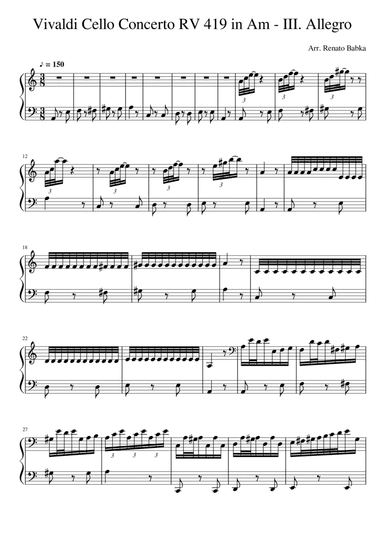 Antonio Vivaldi Cello Concerto in Am RV419 - III. Allegro Arrangement for Piano Solo. (arr. Renato Babka)