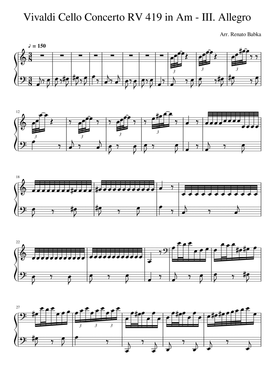 Antonio Vivaldi Cello Concerto in Am RV419 - III. Allegro Arrangement for Piano Solo. (arr. Renato Babka)