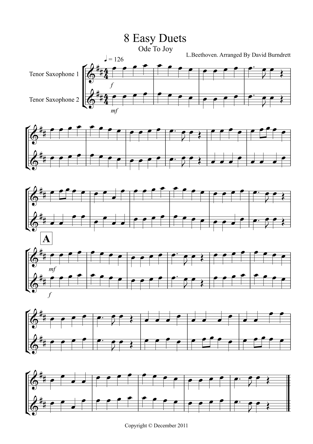 8 Easy Duets for Tenor Saxophone (arr. David Burndrett)