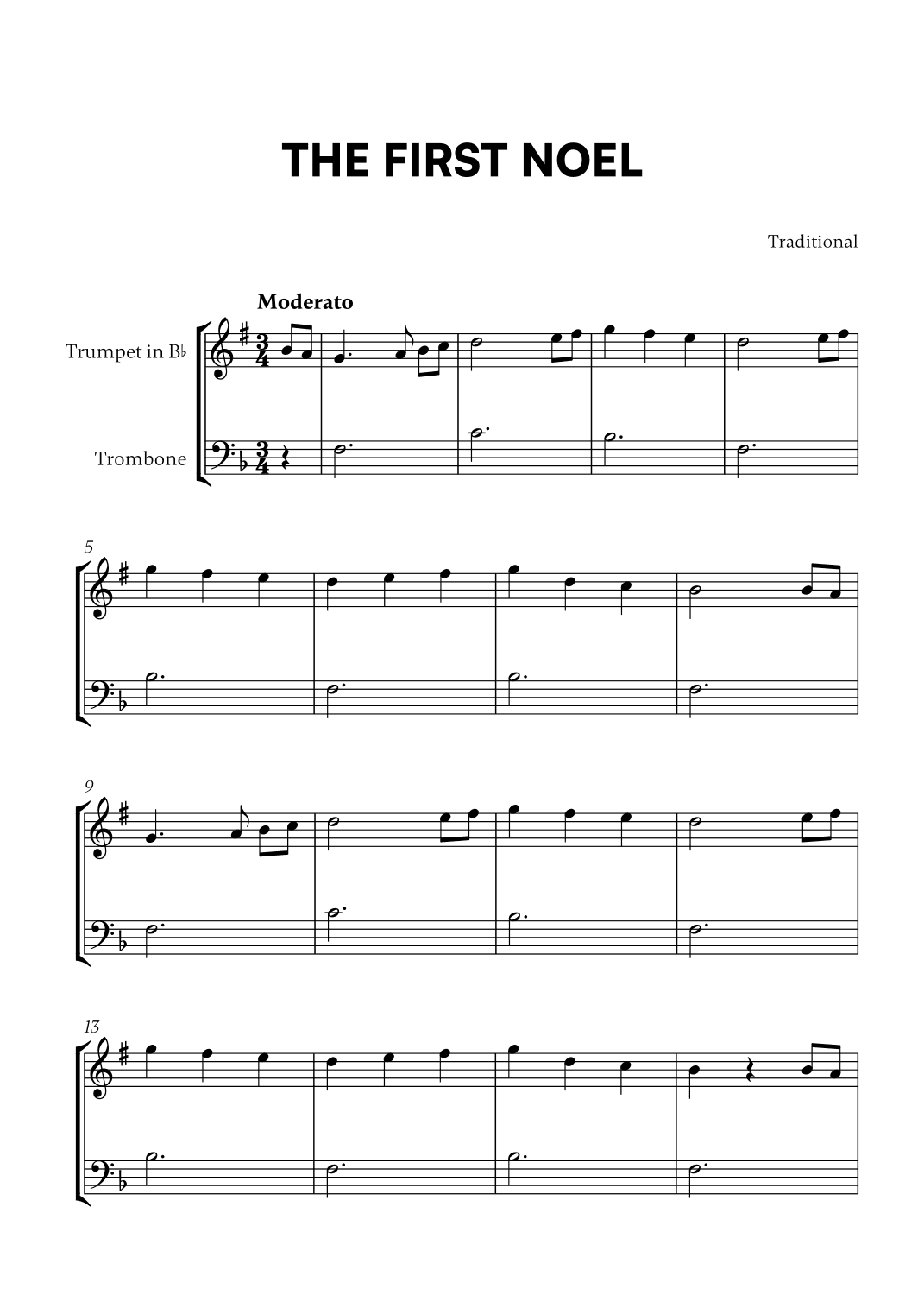 Traditional - The First Noel (F Major) (for Trumpet in Bb and Trombone) (arr. Cadenza Editions)