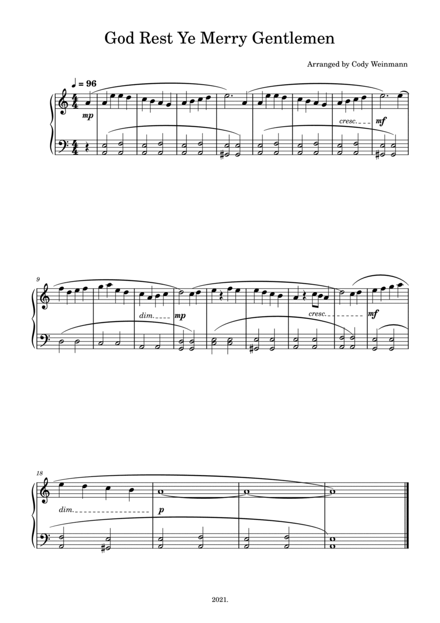 God Rest Ye Merry Gentlemen for Easy Piano (arr. Cody Weinmann)