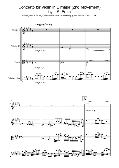 Bach: Concerto for Violin in E major Mov 2 for String Quartet - Score and Parts (arr. Julie Doubleday)