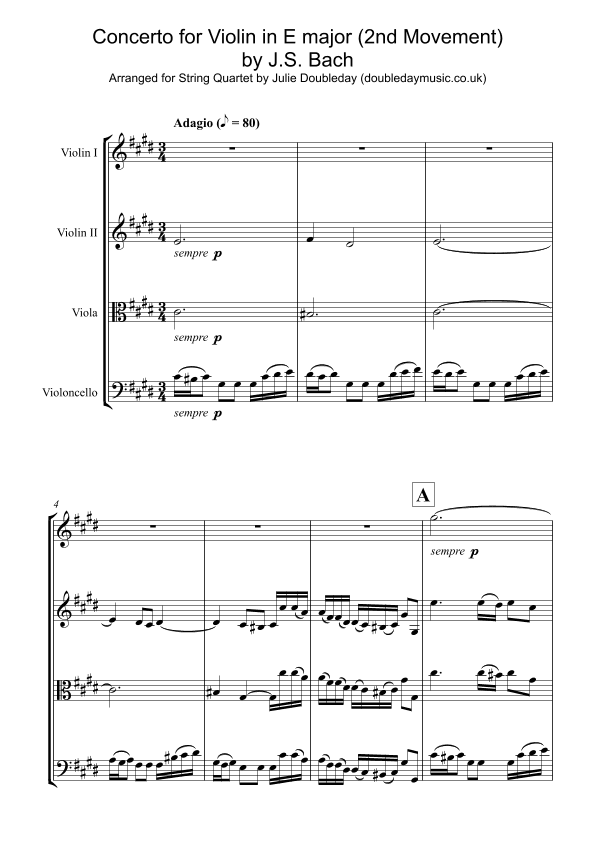 Bach: Concerto for Violin in E major Mov 2 for String Quartet - Score and Parts (arr. Julie Doubleday)