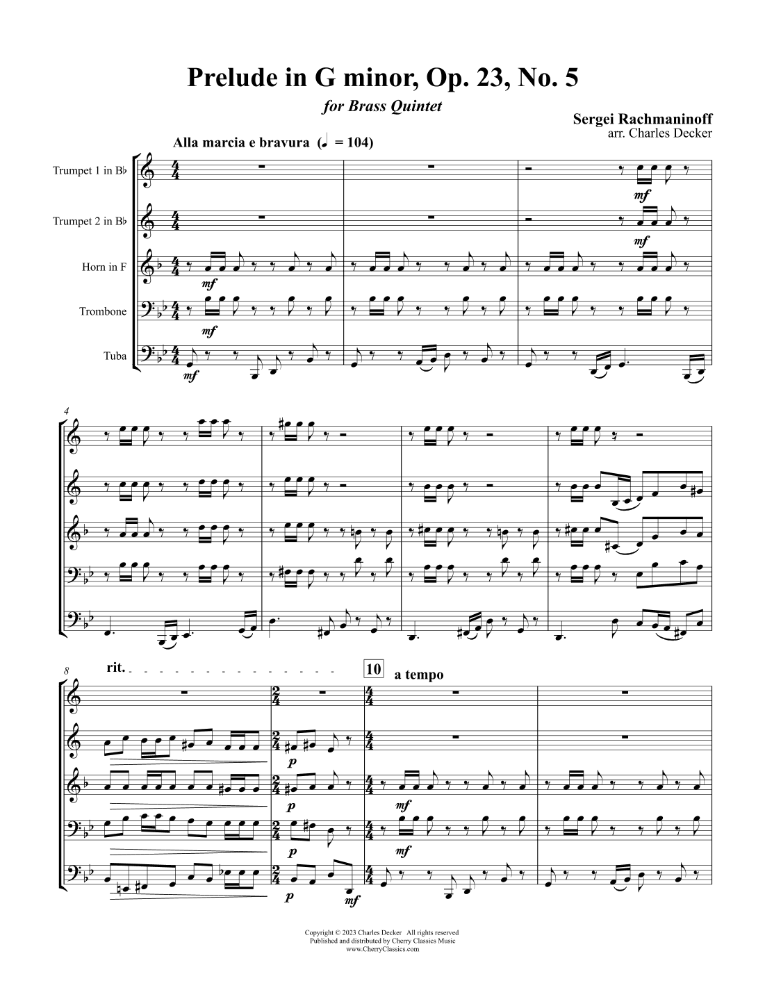 Prelude in G minor, Op. 23, No. 5 for Brass Quintet (arr. Charles Decker)