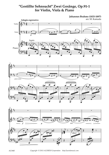 'Gestillte Sehnsucht' Zwei Gesänge, Op.91-1 for Violin, Viola & Piano (arr. Mikio Kamada)