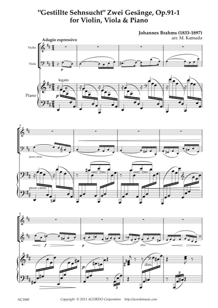 'Gestillte Sehnsucht' Zwei Gesänge, Op.91-1 for Violin, Viola & Piano (arr. Mikio Kamada)