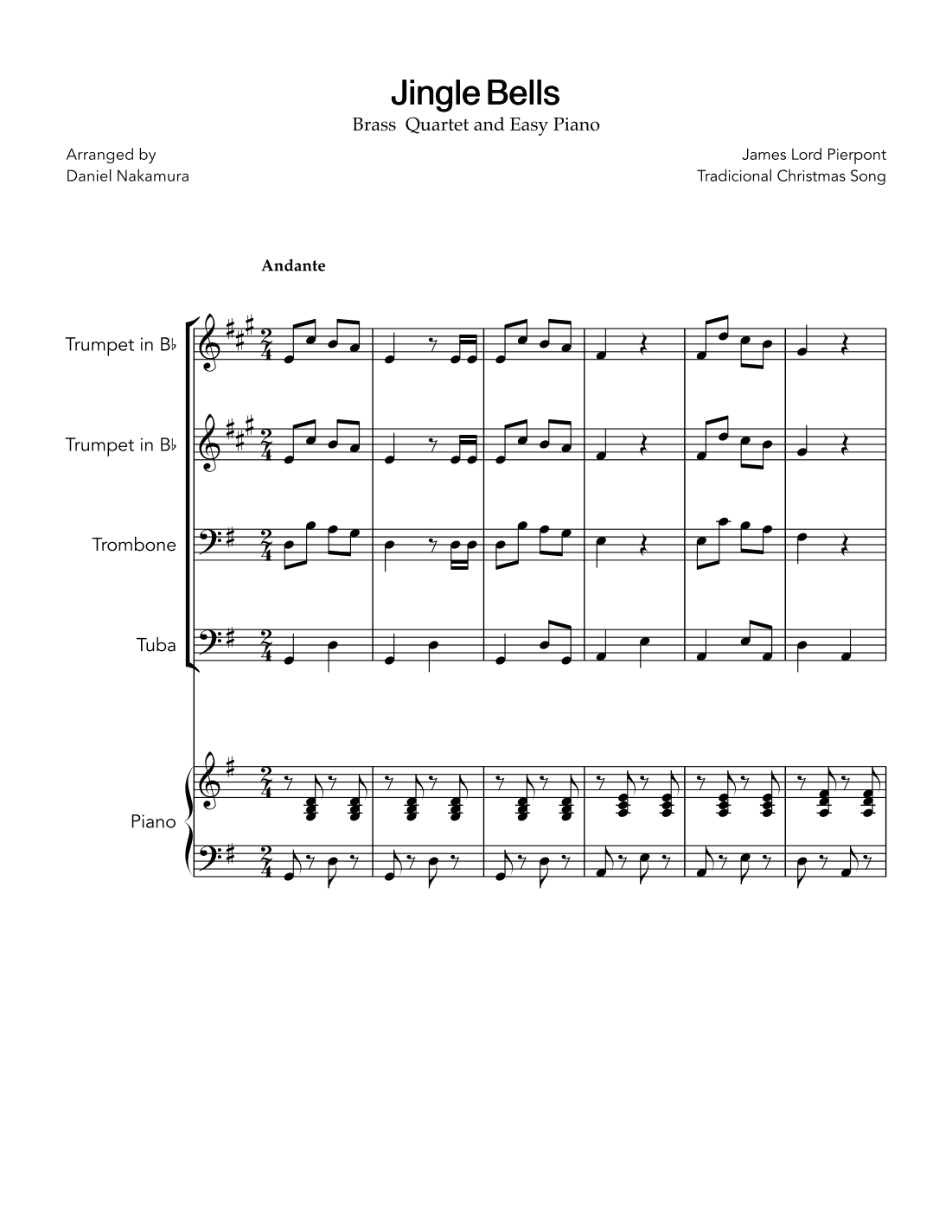 Jingle Bells (for Brass Quartet and Easy Piano) (arr. Daniel Nakamura)