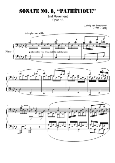 Sonata No. 8 Op. 13 Pathetique 2ND MOVEMENT only Beethoven - Self Learning Series (arr. Published Harmony)