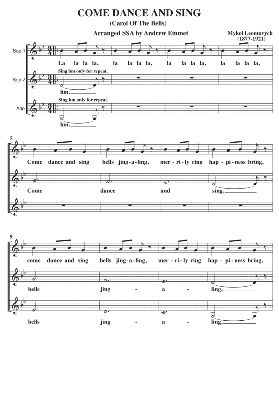Come Dance And Sing (Carol Of The Bells) A Cappella SSA (arr. Andrew Emmet)