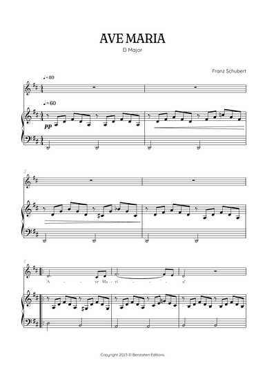 Schubert Ave Maria in D Major [ D ] • alto voice sheet music with easy piano accompaniment (arr. Benzaiten Editions)