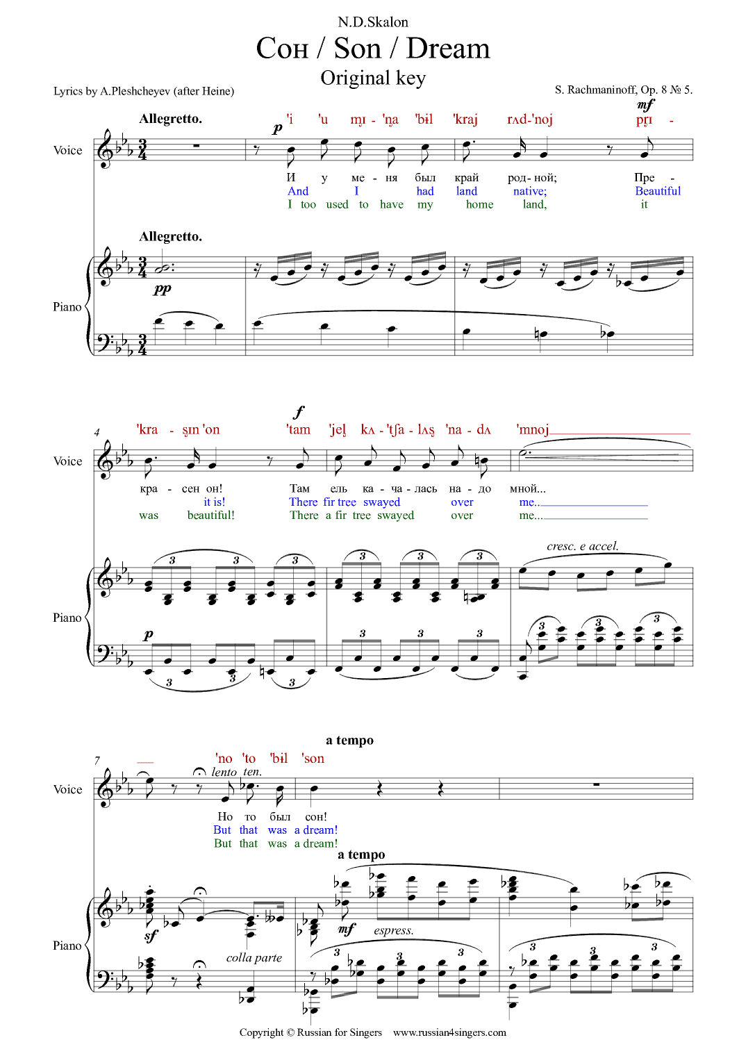 "Dream" Op.8 N5 Original Key. DICTION SCORE with IPA and translation (arr. Russian for Singers)