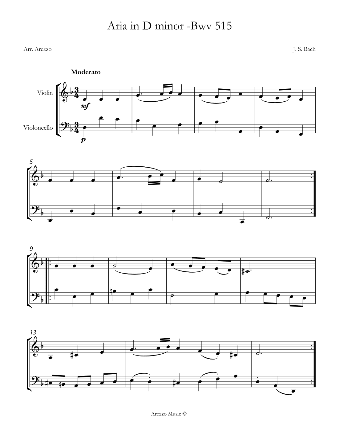 Aria D minor BWV 515 Violin and Cello Sheet Music (arr. Arezzo Music)