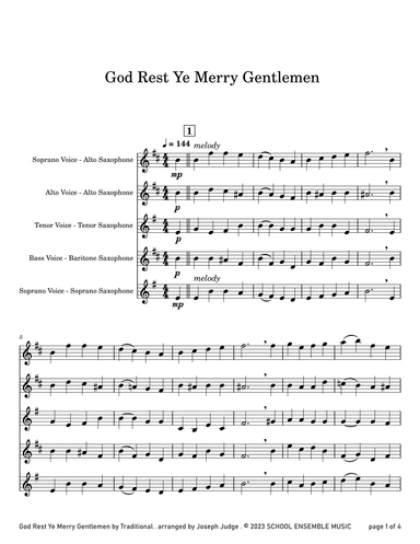 God Rest Ye Merry Gentlemen for Saxophone Quartet in Schools (arr. Joseph Judge)