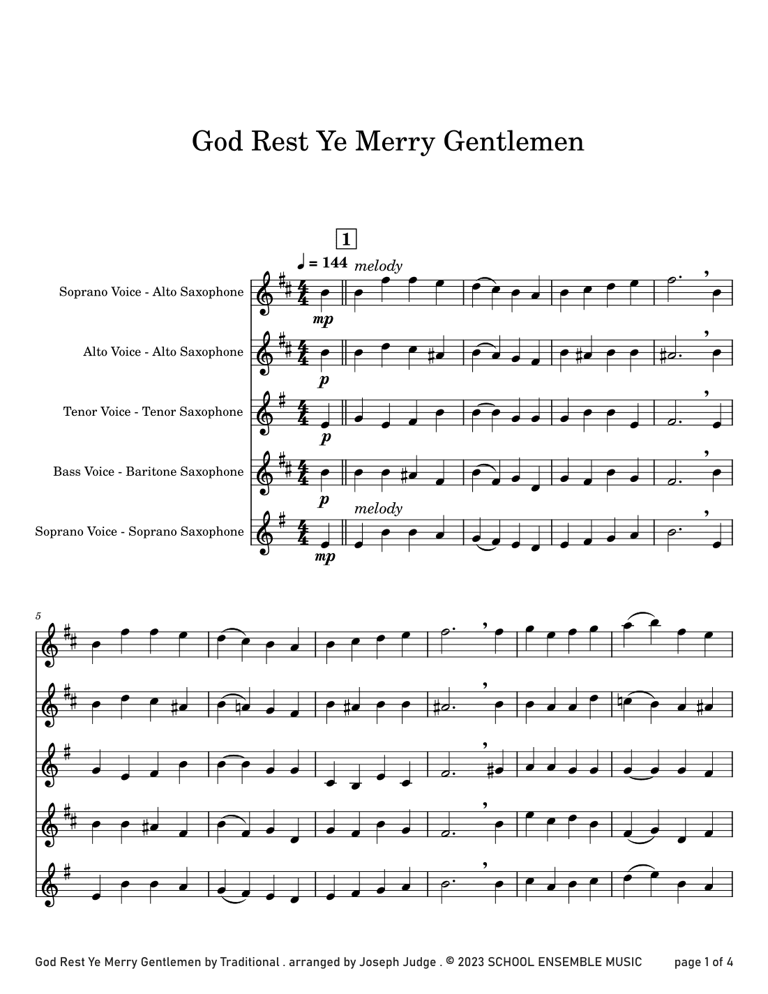 God Rest Ye Merry Gentlemen for Saxophone Quartet in Schools (arr. Joseph Judge)