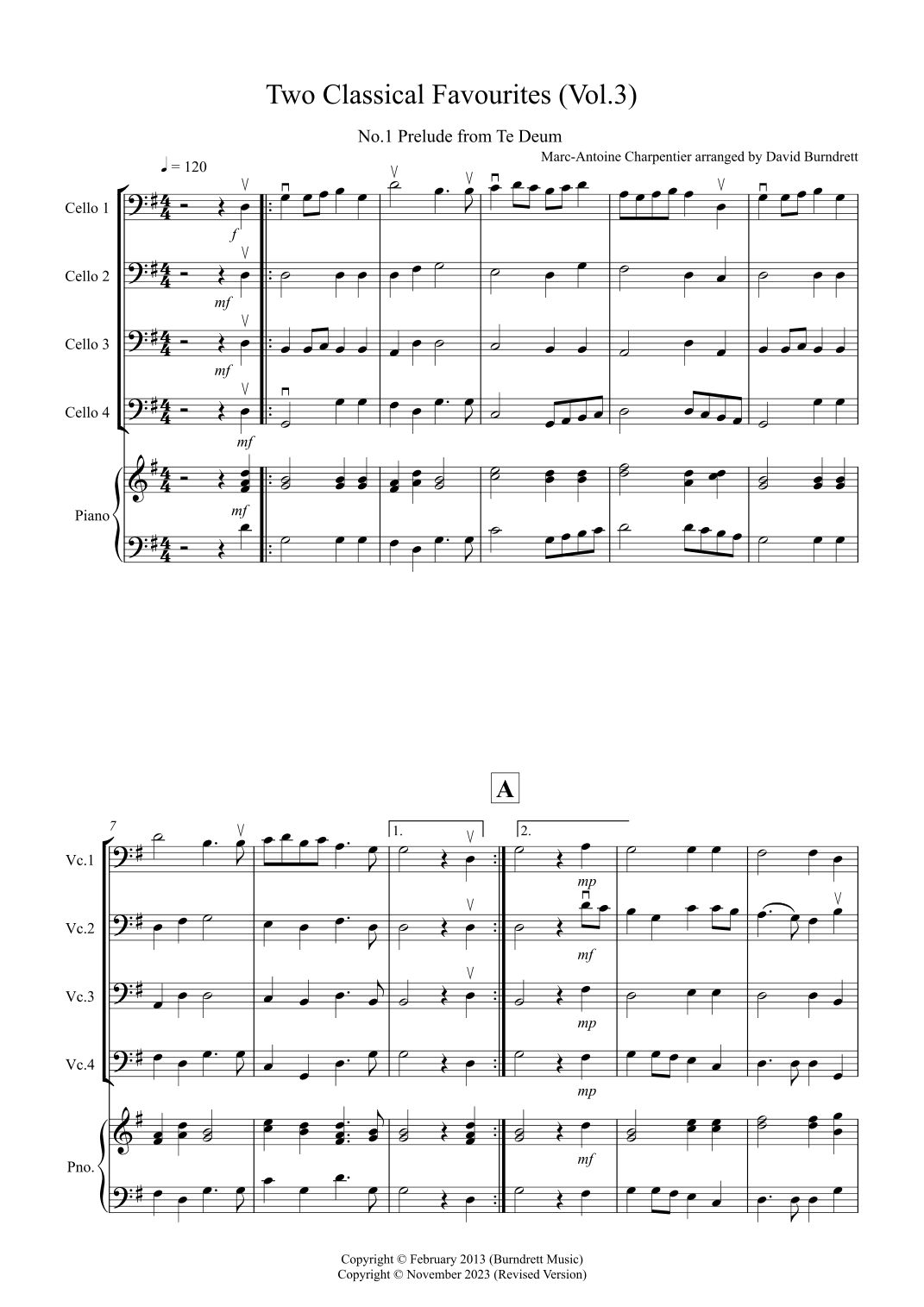 2 Classical Favourites for Cello Quartet (volume three) (arr. David Burndrett)