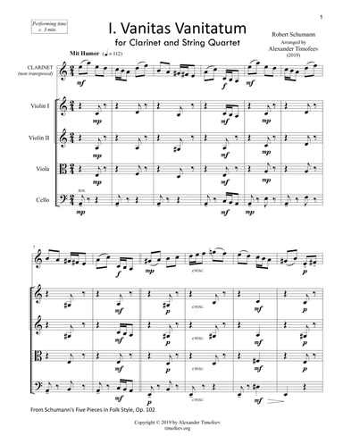 Mit Humor (Vanitas Vanitatum) for Clarinet and String Quartet, from Five Pieces in Folk Style, Op. 1 (arr. Alexander Timofeev)