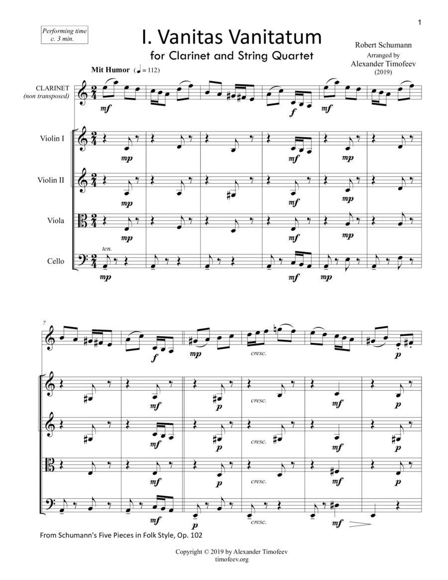 Mit Humor (Vanitas Vanitatum) for Clarinet and String Quartet, from Five Pieces in Folk Style, Op. 1 (arr. Alexander Timofeev)