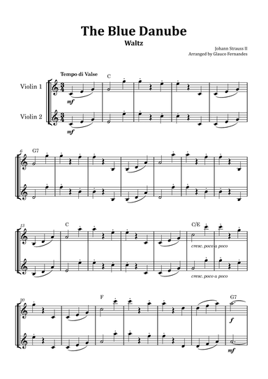 The Blue Danube - Violin Duet with Chord Notations (arr. Glauco Fernandes)