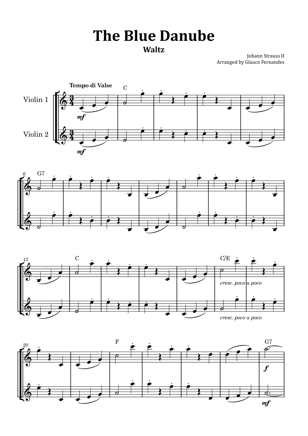 The Blue Danube - Violin Duet with Chord Notations (arr. Glauco Fernandes)
