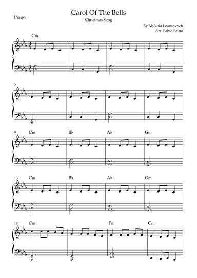 Carol Of The Bells (Christmas Song) for Easy Piano Solo with Chords (Eb/Cm) (arr. Fabio Britto)