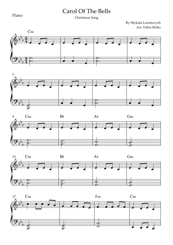 Carol Of The Bells (Christmas Song) for Easy Piano Solo with Chords (Eb/Cm) (arr. Fabio Britto)