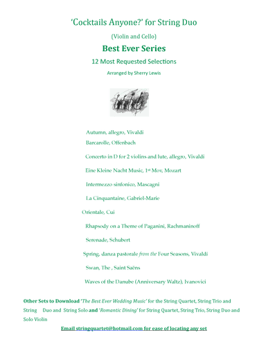 VIOLIN AND CELLO DUET  MUSIC COLLECTION SET 12 SELECTIONS  FOR  COCKTAIL TIME AND RECEPTIONS (arr. Sherry Lewis)