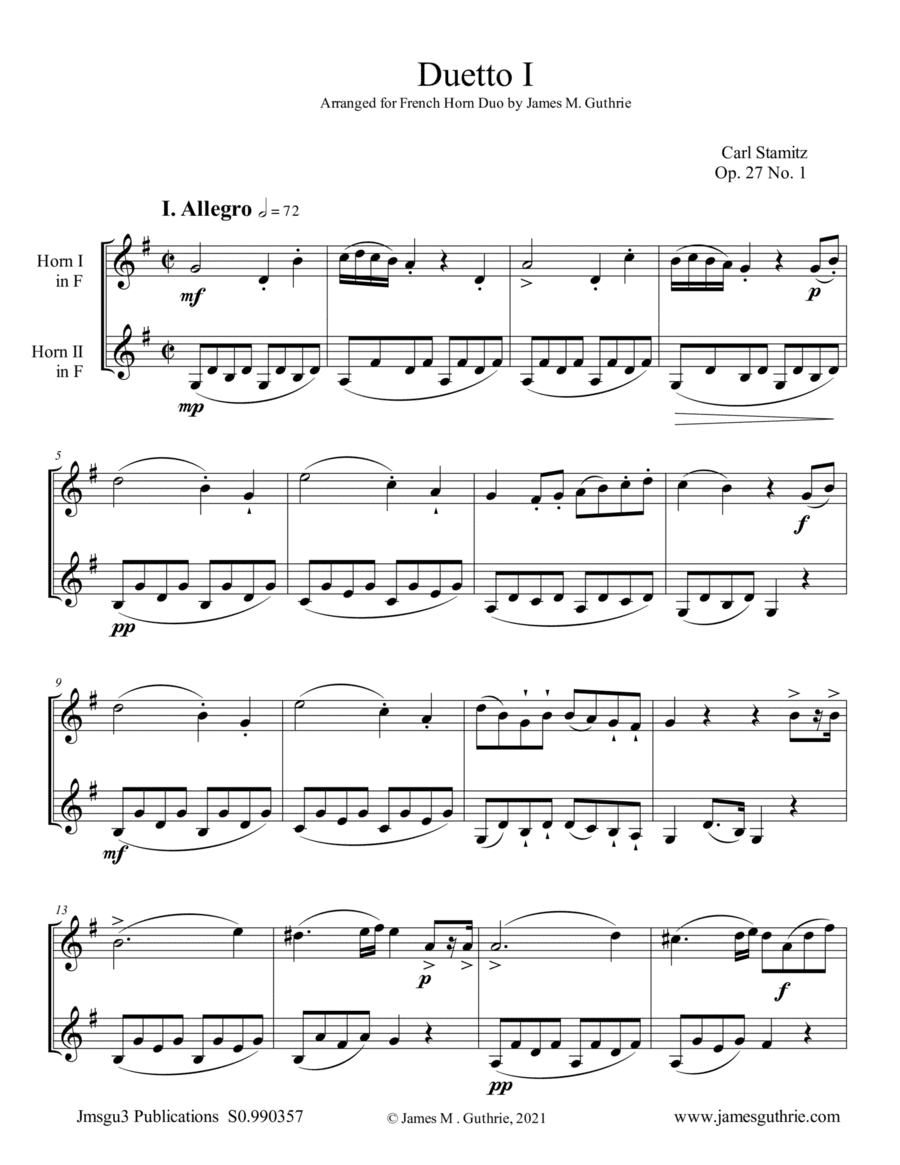 Stamitz: Six Duets Op. 27 Complete for French Horn Duo (arr. James M. Guthrie)