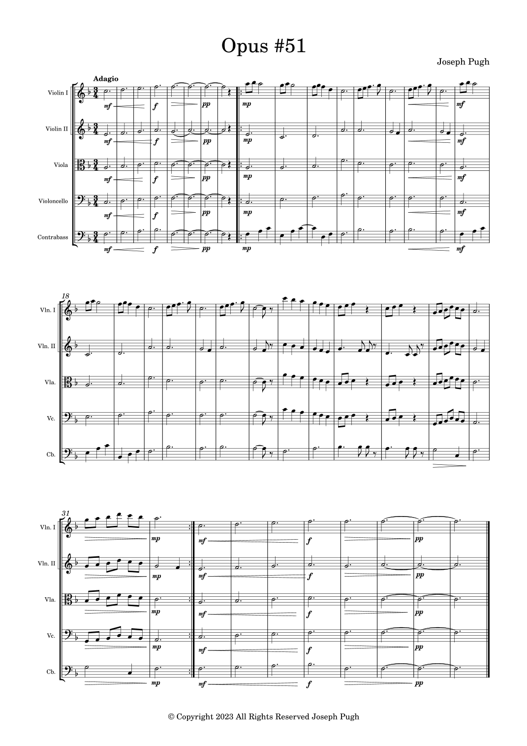Opus #51 In F Major (for quintet or, youth string orchestra)