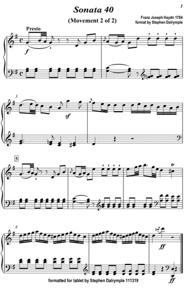 Haydn Piano Sonata 40.2 Presto (Classical Music for Tablet Series) (arr. edited by Stephen R Dalrymple (Dalrymple Designs))