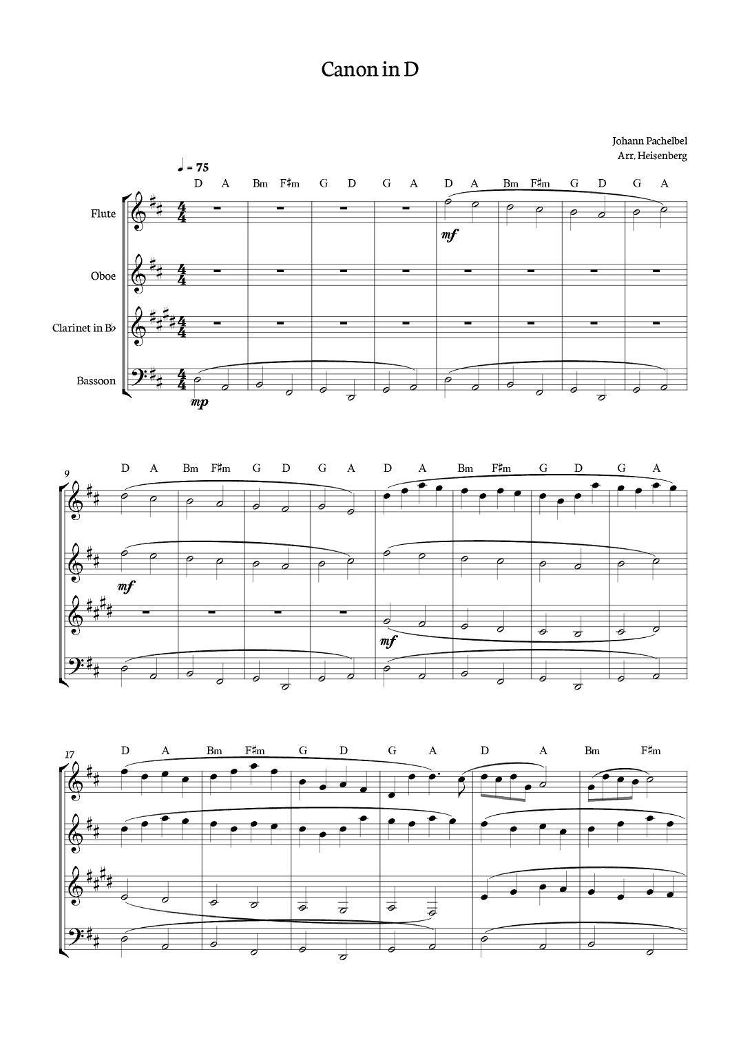 Canon in D - Johann Pachelbel for Woodwind Quartet with chords. (arr. Heisenberg)