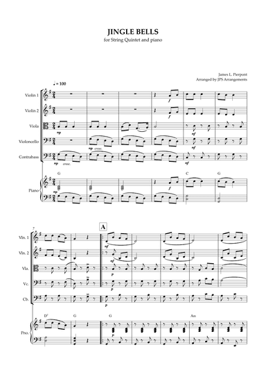 Jingle Bells for String Quintet in G major and piano (arr. Jps Arrangements)