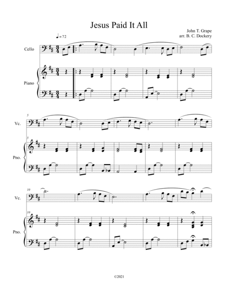 Jesus Paid It All (cello solo) with optional piano accompaniment (arr. B. C. Dockery)