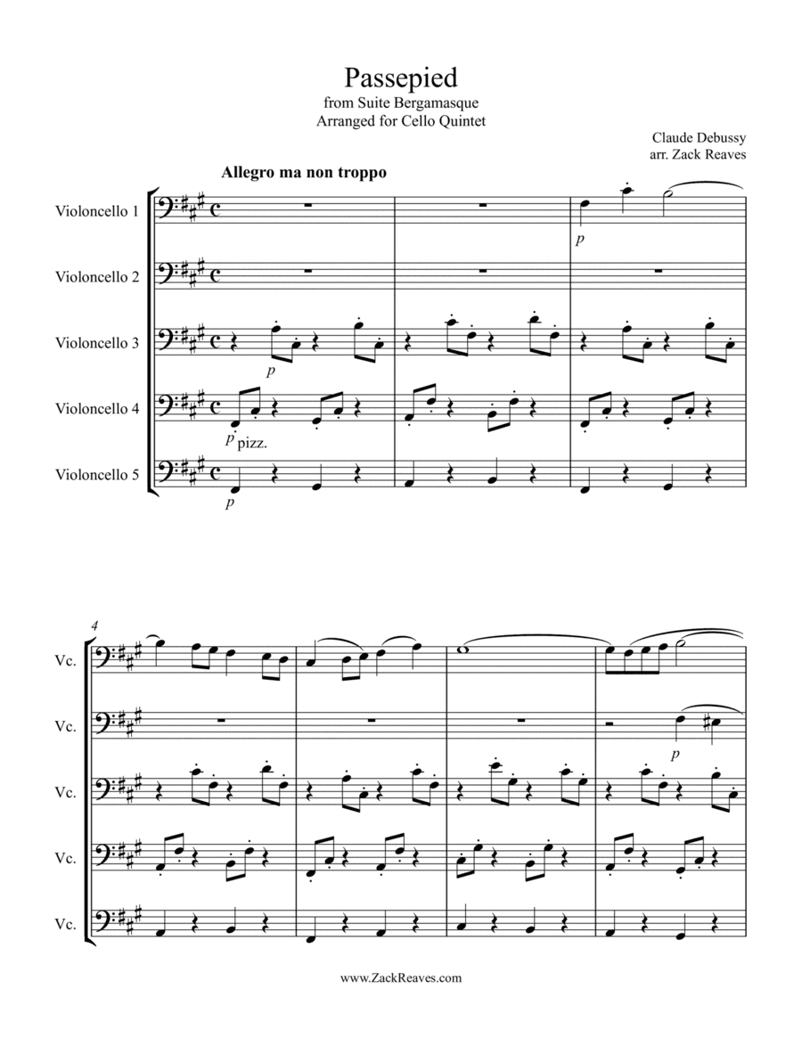 Debussy - "Passepied" from Suite Bergamasque (Arranged for 5 Cellos) (arr. Zack Reaves)