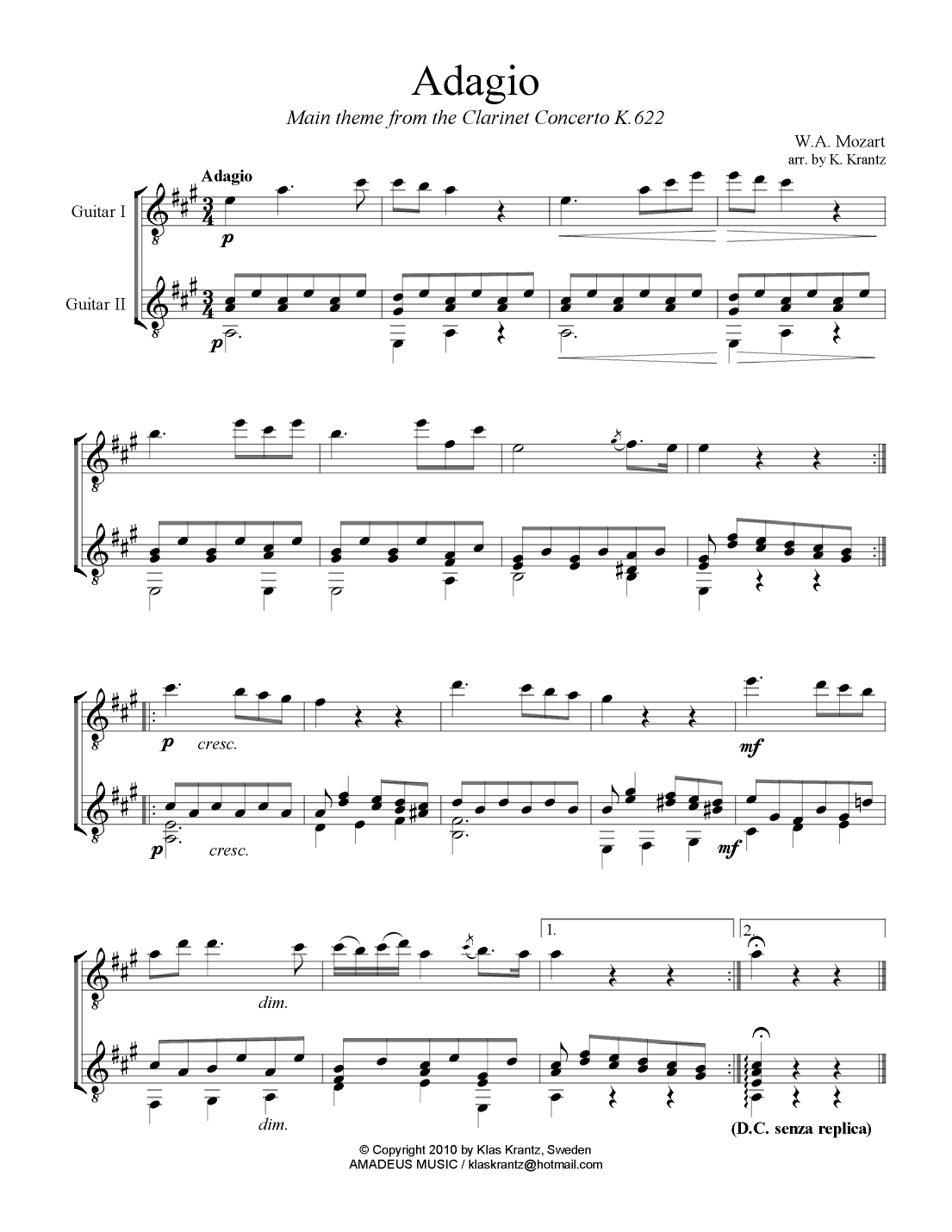 Adagio from the clarinet concerto for guitar duet (arr. K. Krantz)