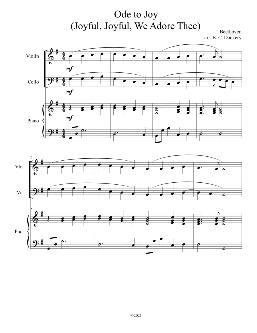 Ode to Joy (Joyful, Joyful, We Adore Thee) for violin and cello duet with piano accompaniment (arr. B. C. Dockery)