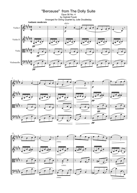 Faure: "Berceuse"  from The Dolly Suite Opus 56 No. 4 for String Quartet - Score and Parts (arr. Julie Doubleday)