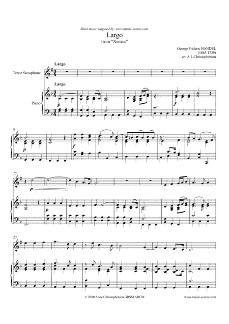 Largo from Xerxes - Tenor Saxophone and Piano (arr. Anne L Christopherson GRSM ARCM)