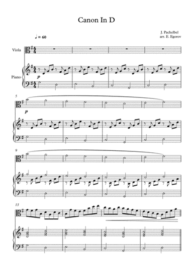 Canon In D, Johann Pachelbel, For Viola & Piano