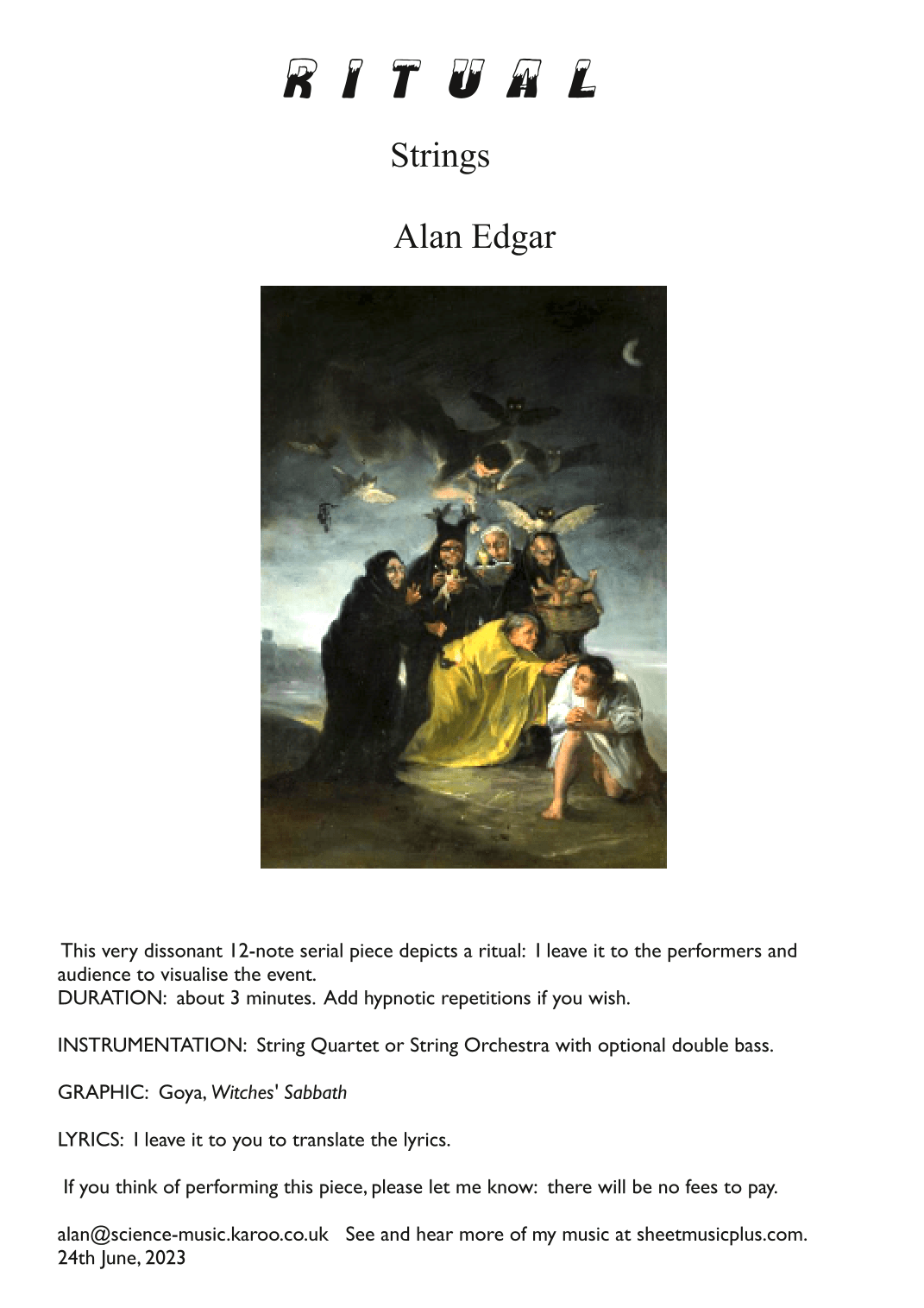 RITUAL for String Quartet or String Orchestra with optional 'Bass