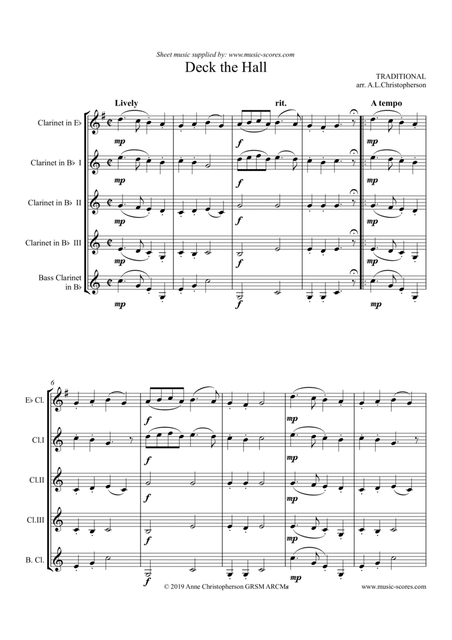 Deck the Halls with Boughs of Holly - Clarinet Quintet - Bb major (arr. Anne L Christopherson GRSM ARCM)